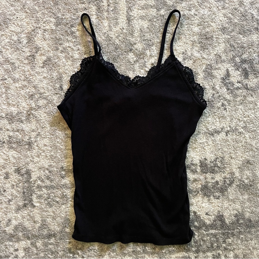 H&M Lace Trimmed Ribbed Black Tank Top - Picture 3 of 6